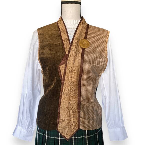 Vntg Handmade Academia Vest Sz OS Brown Mixed Materials Tweed Velvet Indie - Picture 4 of 10